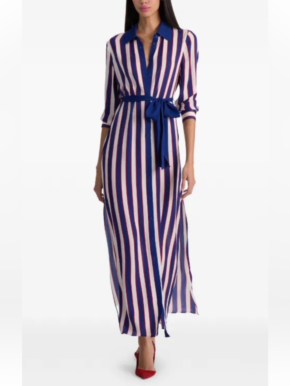 Striped Collared Maxi Shirt Dress with Tie Waist - Blue/White/Red